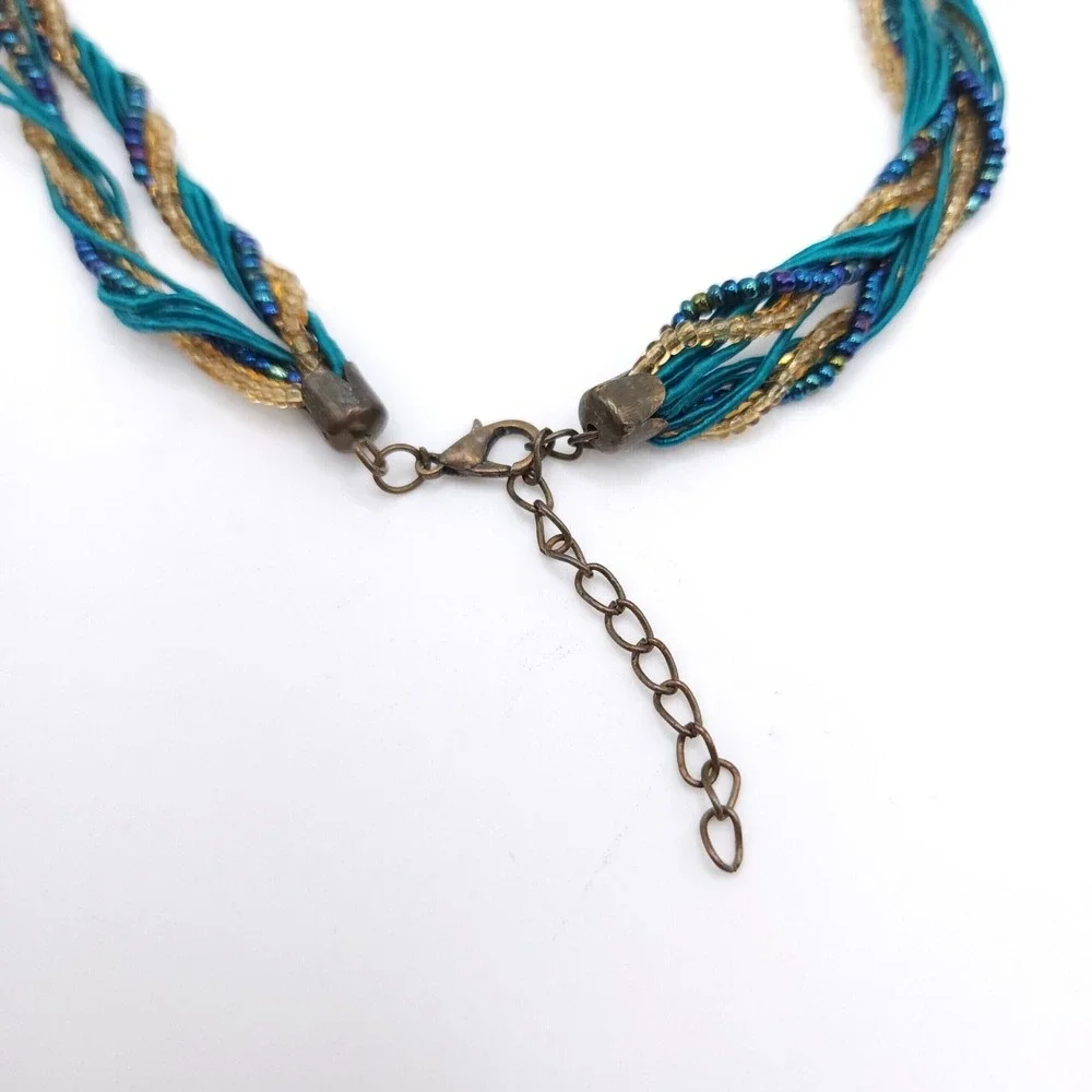 Turquoise Cord Necklace Blue Orb Pendant Crystal Crescent Statement Coastal Glam